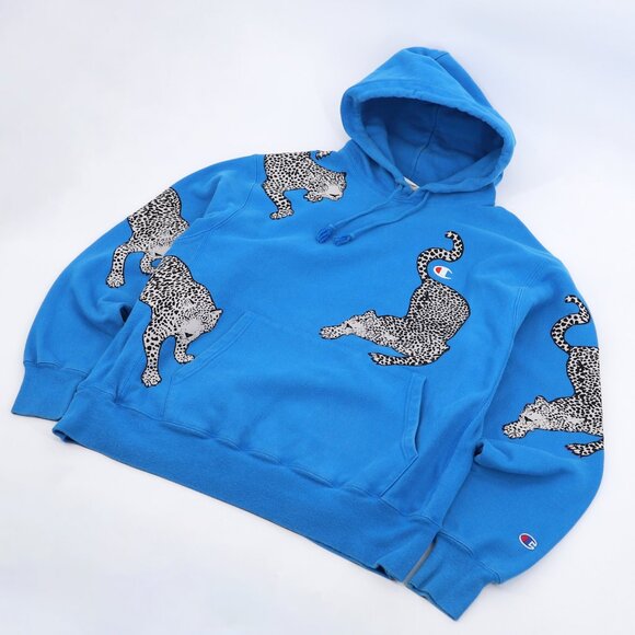 Upcycled Reworked Champion Reverse Weave Jaguar Animal Hoodie Size L - Picture 3 of 10